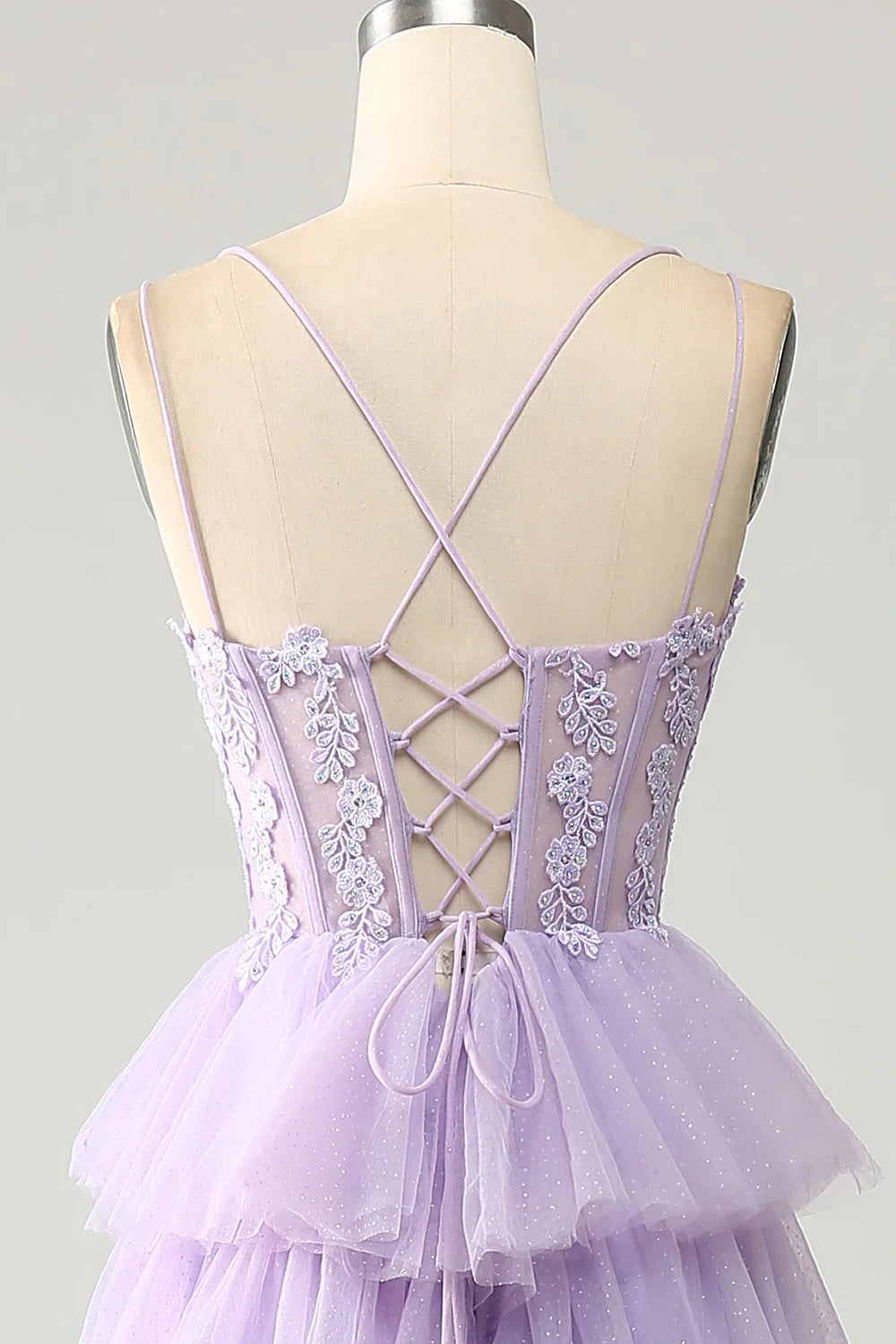 DingJiDress Lilac Tulle Tiered Princess Corset Prom Dress with Appliques