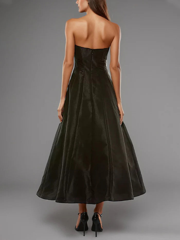 Little Black Dress Sweet A Line Strapless Black Ankle Length Prom Dress With Bowknot