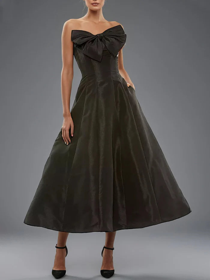 Little Black Dress Sweet A Line Strapless Black Ankle Length Prom Dress With Bowknot