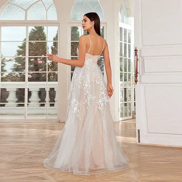 Little White Dresses Wedding Dresses A-Line V Neck Sleeveless Floor Length Tulle Bridal Gowns With Embroiderd Lace Dress