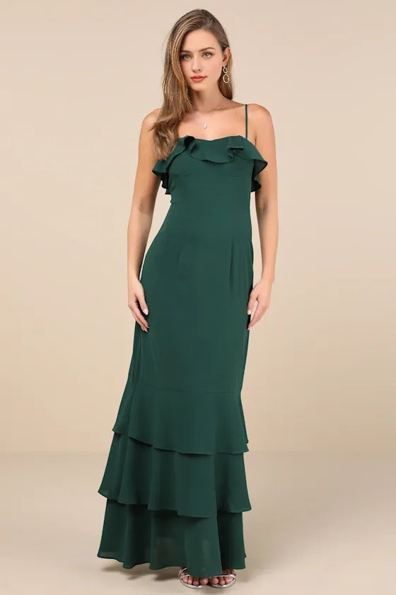 Lively Evenings Green Sleeveless Tiered Evening Dresses