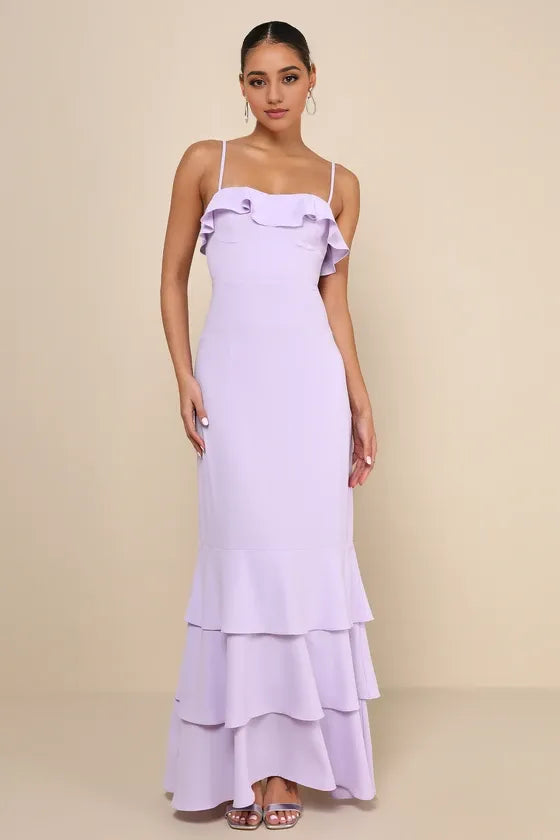 Lively Evenings Lavender Sleeveless Tiered Evening Dresses