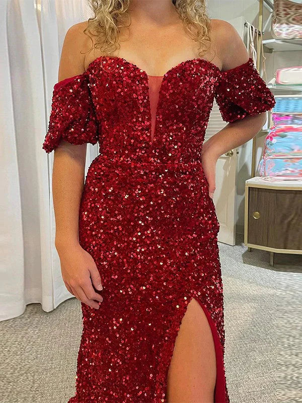 DingJiDress Sheath Off the Shoulder Short Sleeves Long Velvet Sequin Prom Dress