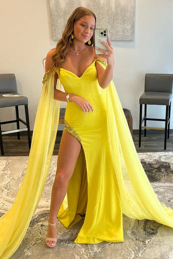 DingJiDress Sheath Off the Shoulder Long Prom Dress with Slit Polyester
