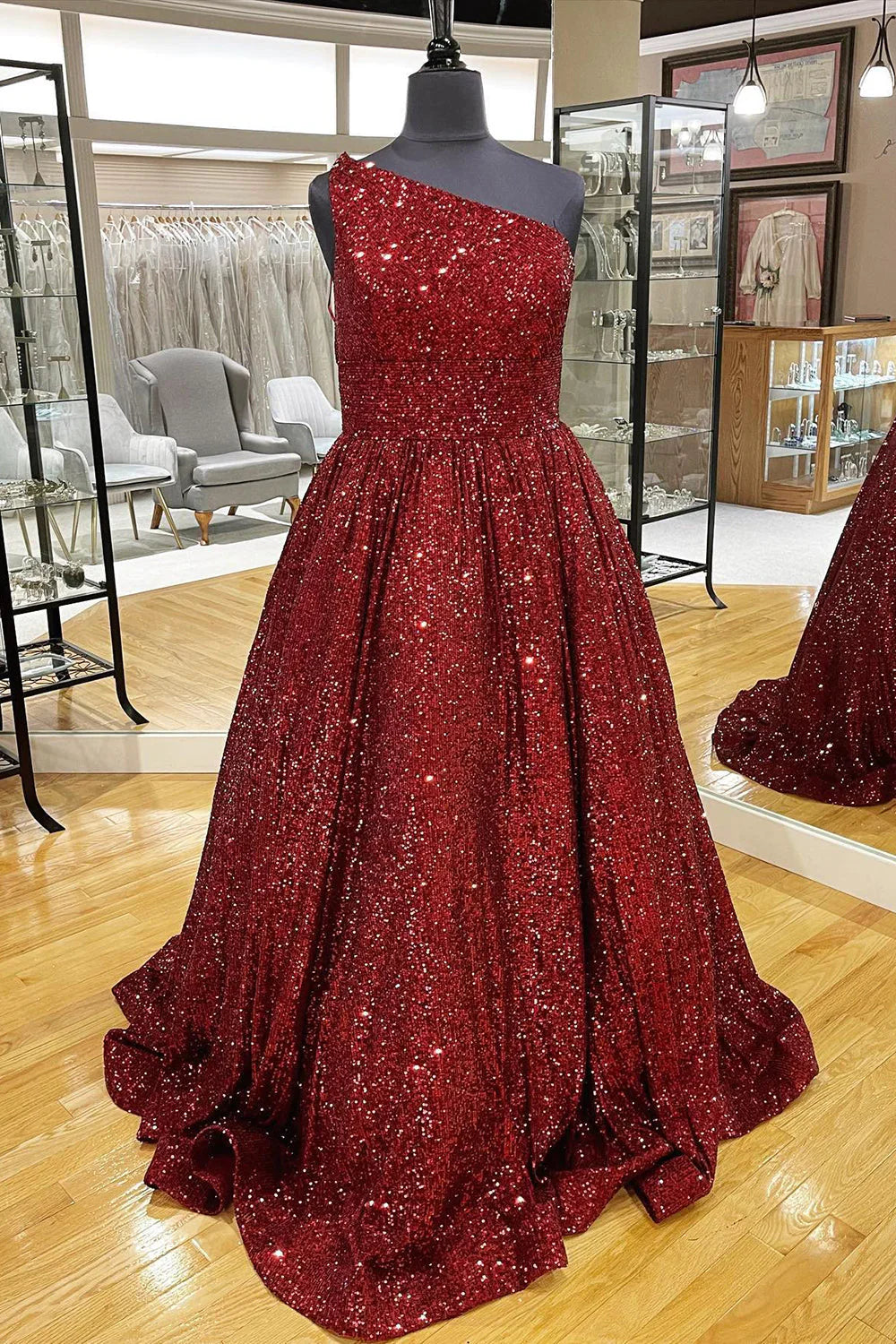 DingJiDress  A Line One Shoulder Long Prom Dresses with Pockets Sequin Sparkly