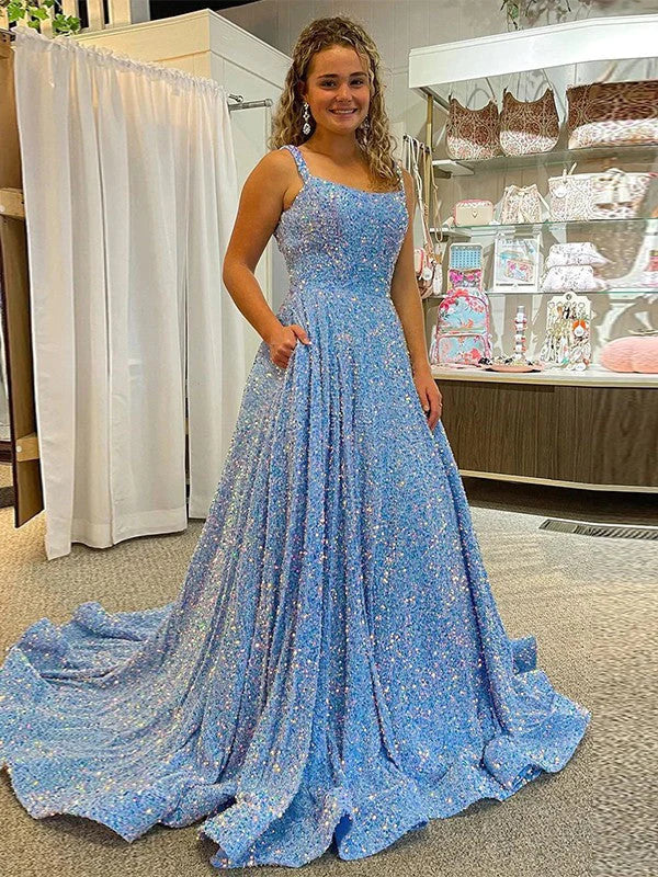 DingJiDress A-Line Scoop Sleeveless Long Velvet Sequin Prom Dress