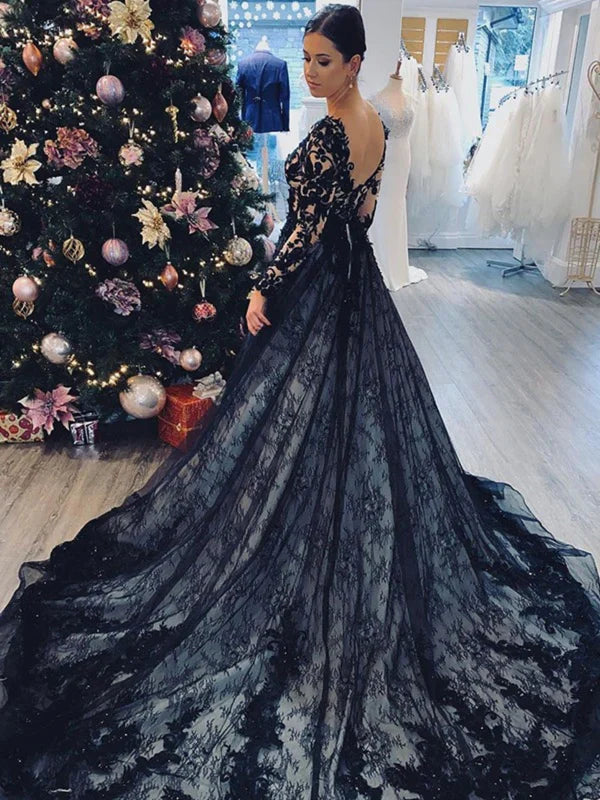 DingJiDress Long Sleeves V-neck Black Gothic Lace Wedding Dress