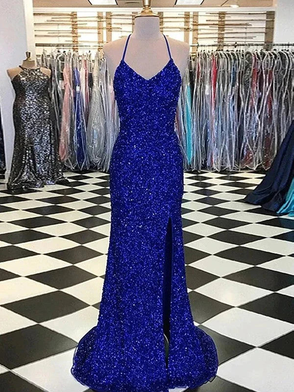 DingJiDress Sheath V-Neck Sleeveless Long Sweep Train Velvet Sequin Prom Dress