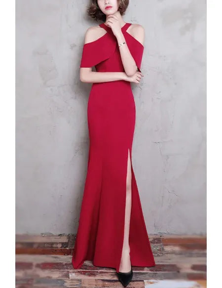 Long Halter Burgundy Party Dress Mermaid With Split Front