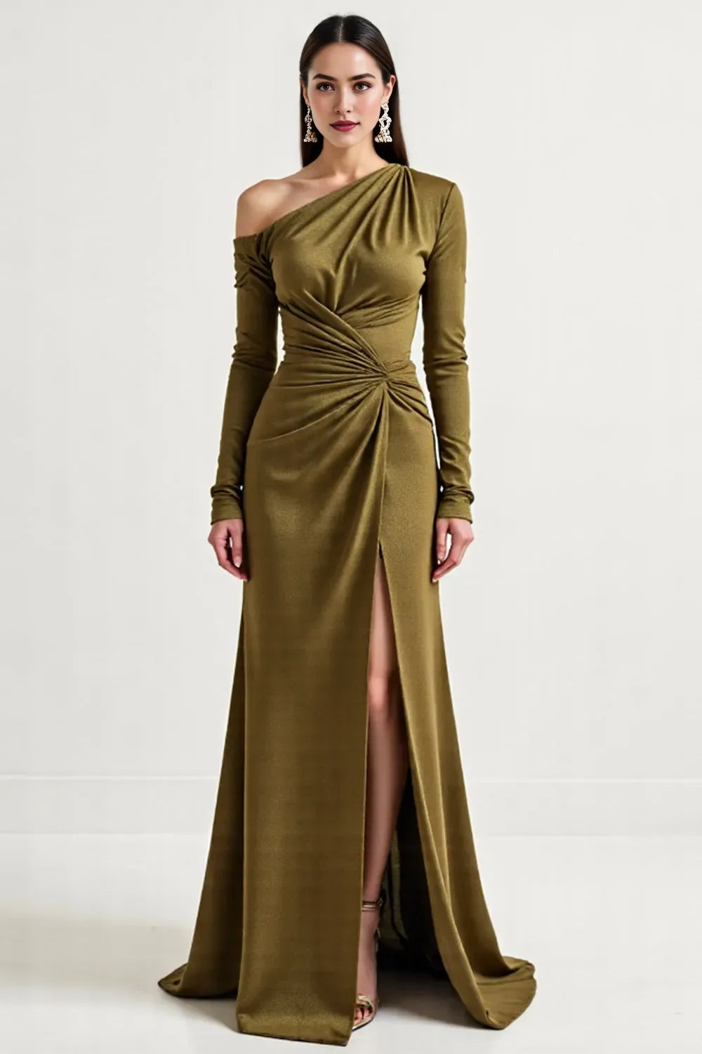 Long Sleeve Olive One Shoulder Mother Of The Bride Dress With Slit