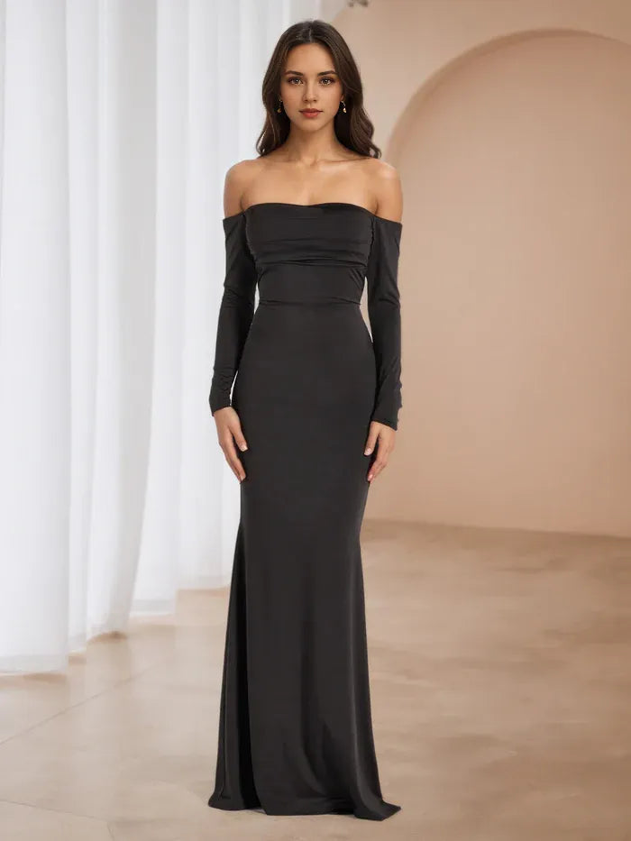 Long Sleeves Off The Shoulder Sweep/Brush Train Black Prom Dresses