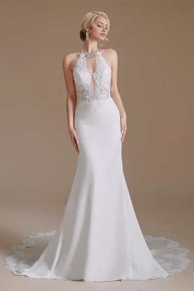 Long neck lace applique mermaid wedding dress