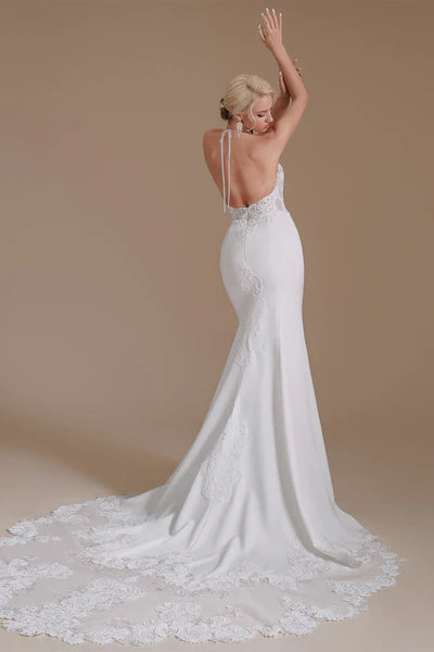 Long neck lace applique mermaid wedding dress