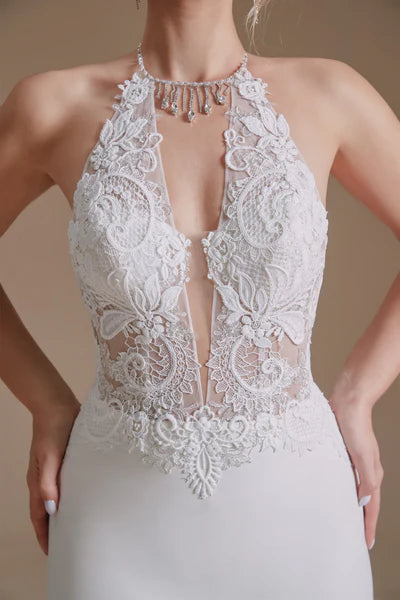 Long neck lace applique mermaid wedding dress
