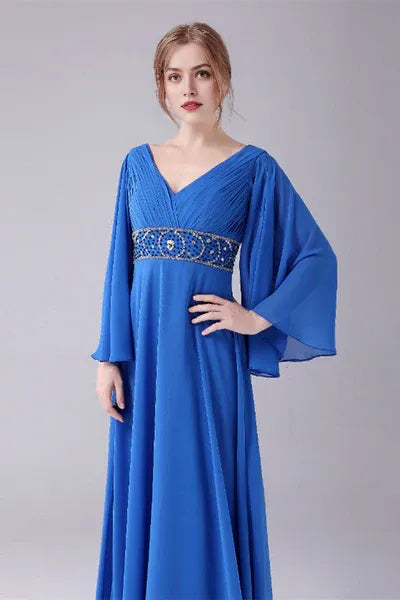 Long sleeves V-neck Ankle-length Backless beading mother's dress