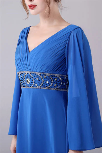 Long sleeves V-neck Ankle-length Backless beading mother's dress