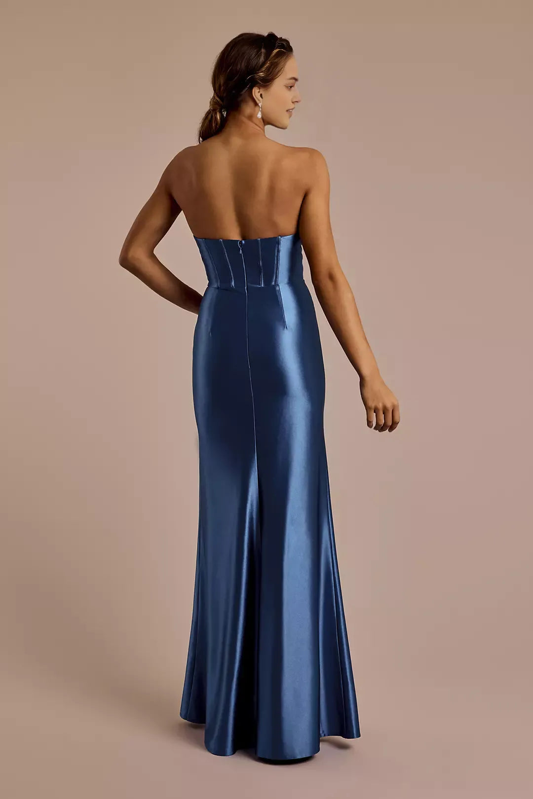 Long strapless slit deep carved satin prom dresses