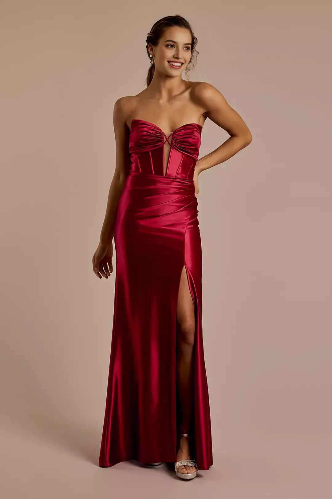 Long strapless slit deep carved satin prom dresses