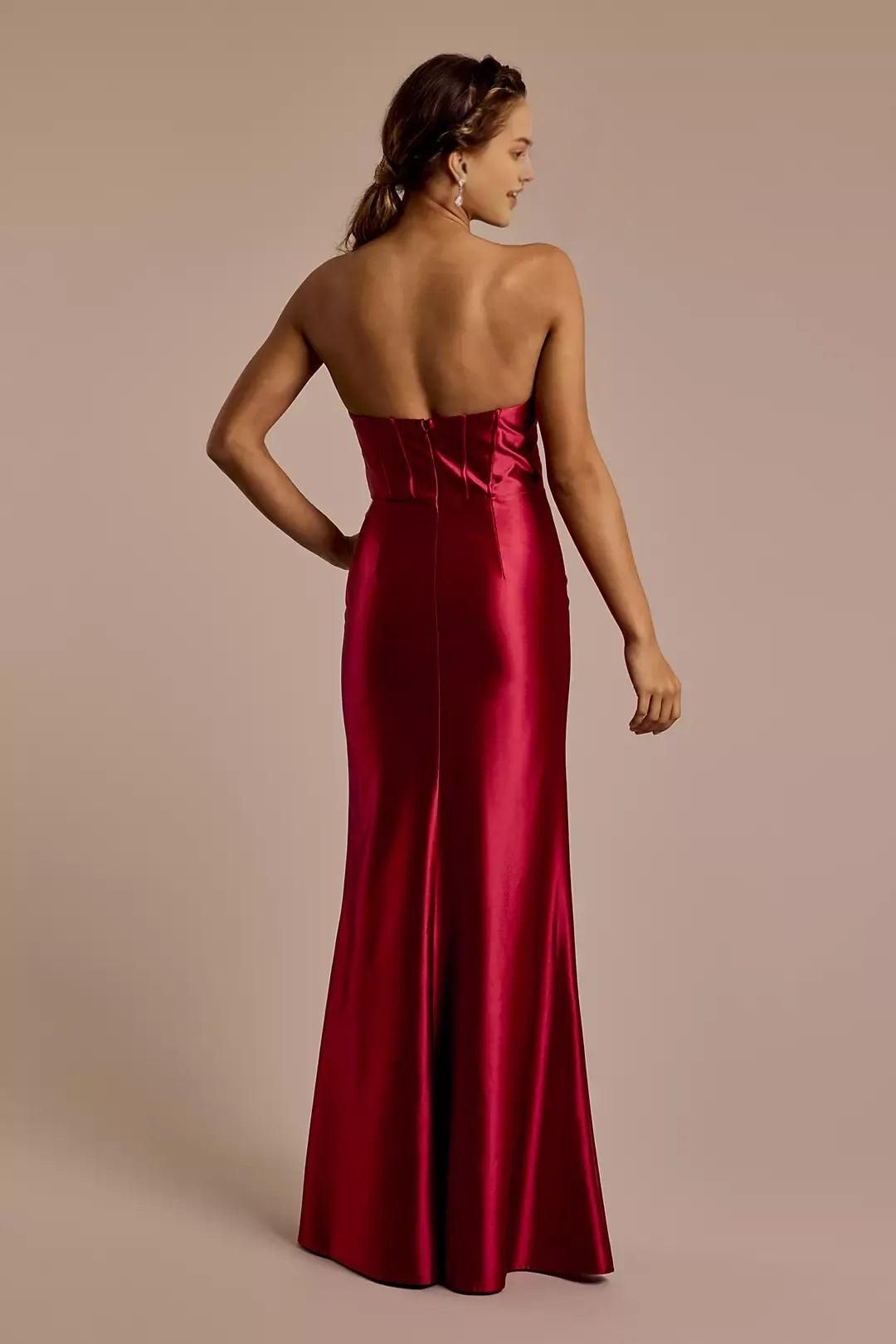 Long strapless slit deep carved satin prom dresses
