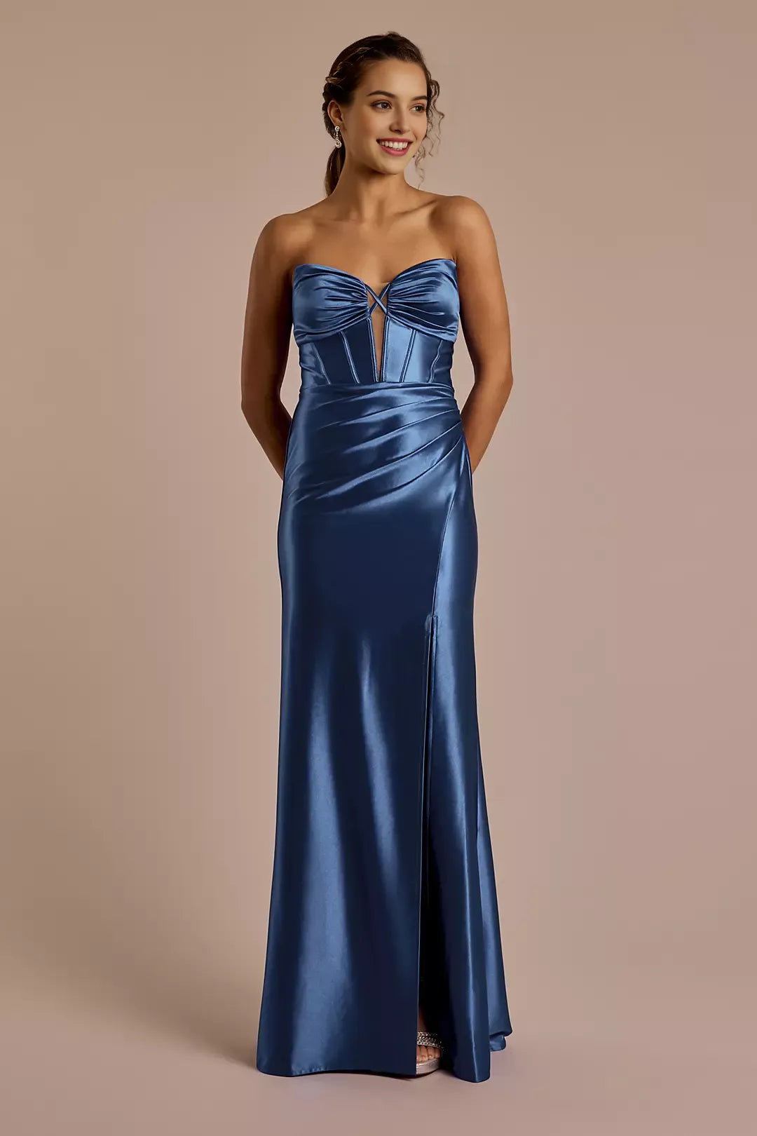 Long strapless slit deep carved satin prom dresses