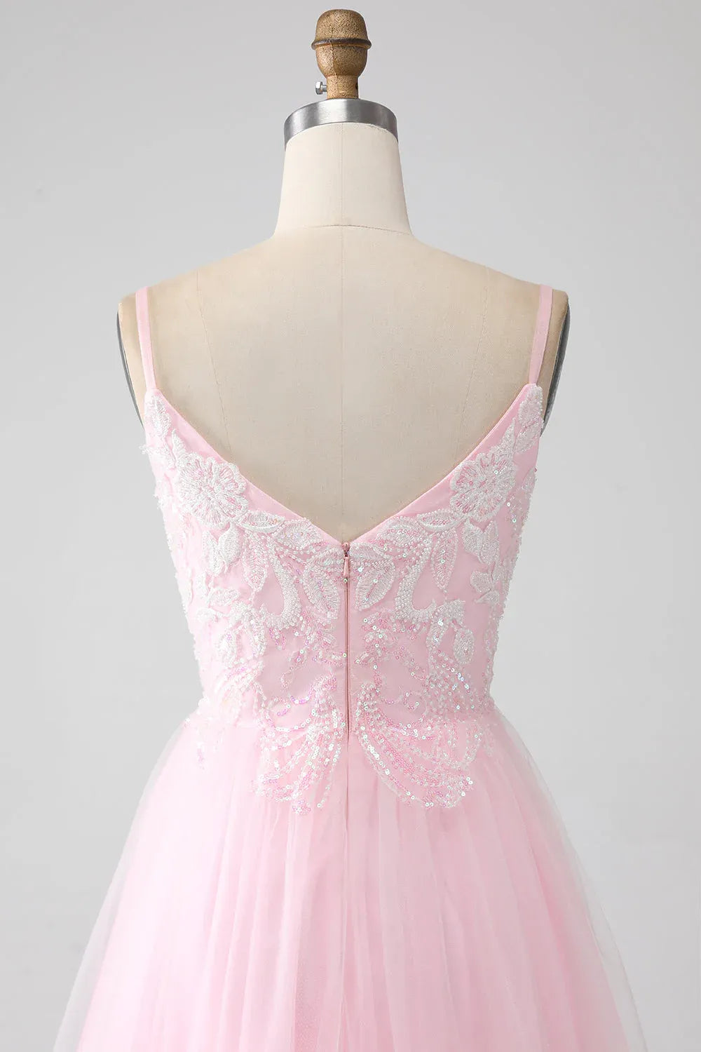 Lovely A-Line Spaghetti Strap Sequins Beaded Tulle Pink Maxi Prom Dress