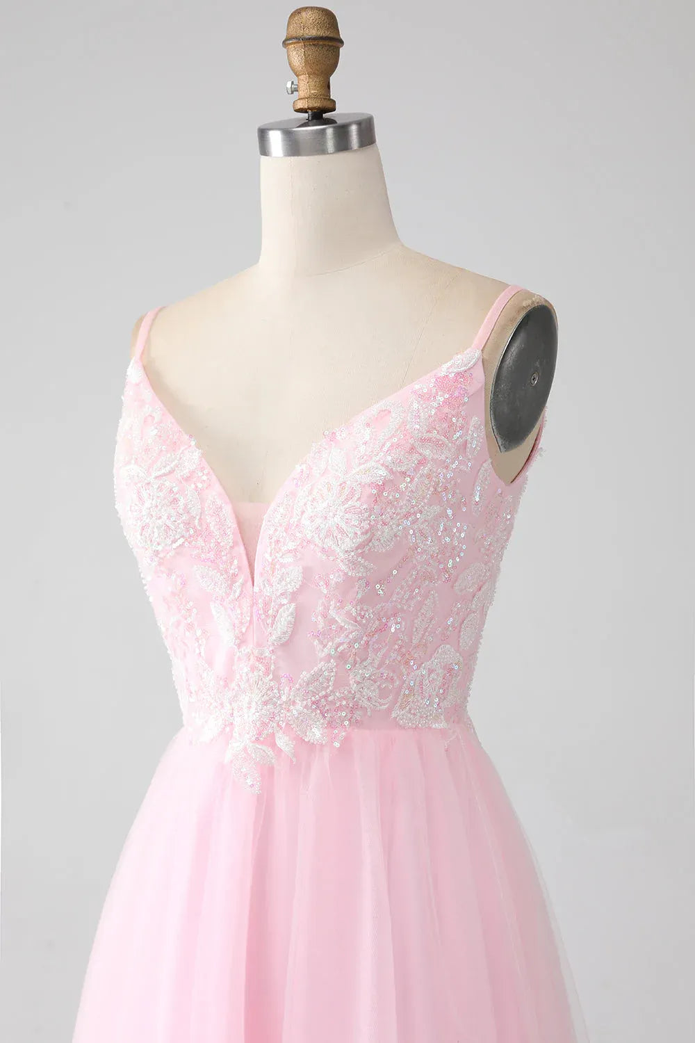 Lovely A-Line Spaghetti Strap Sequins Beaded Tulle Pink Maxi Prom Dress