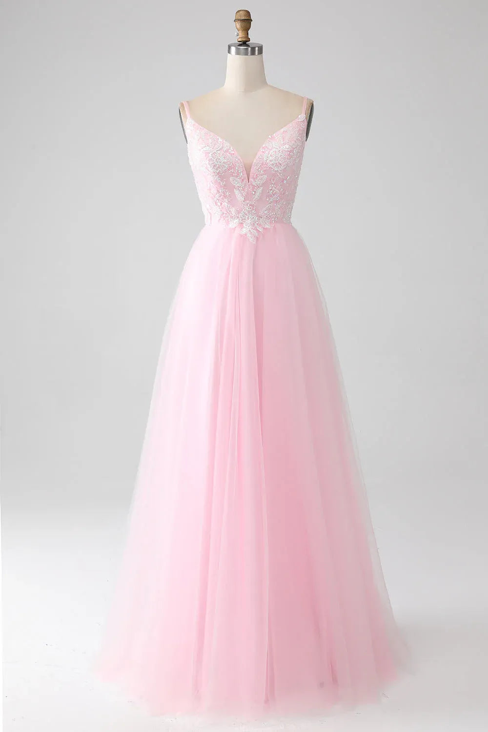 Lovely A-Line Spaghetti Strap Sequins Beaded Tulle Pink Maxi Prom Dress