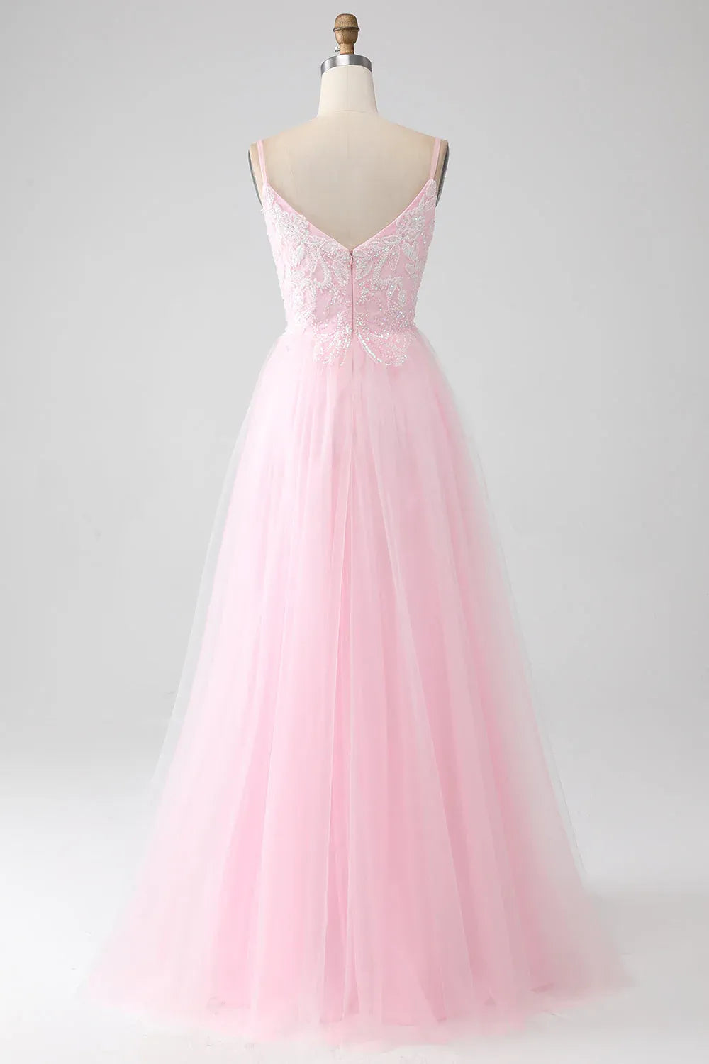 Lovely A-Line Spaghetti Strap Sequins Beaded Tulle Pink Maxi Prom Dress