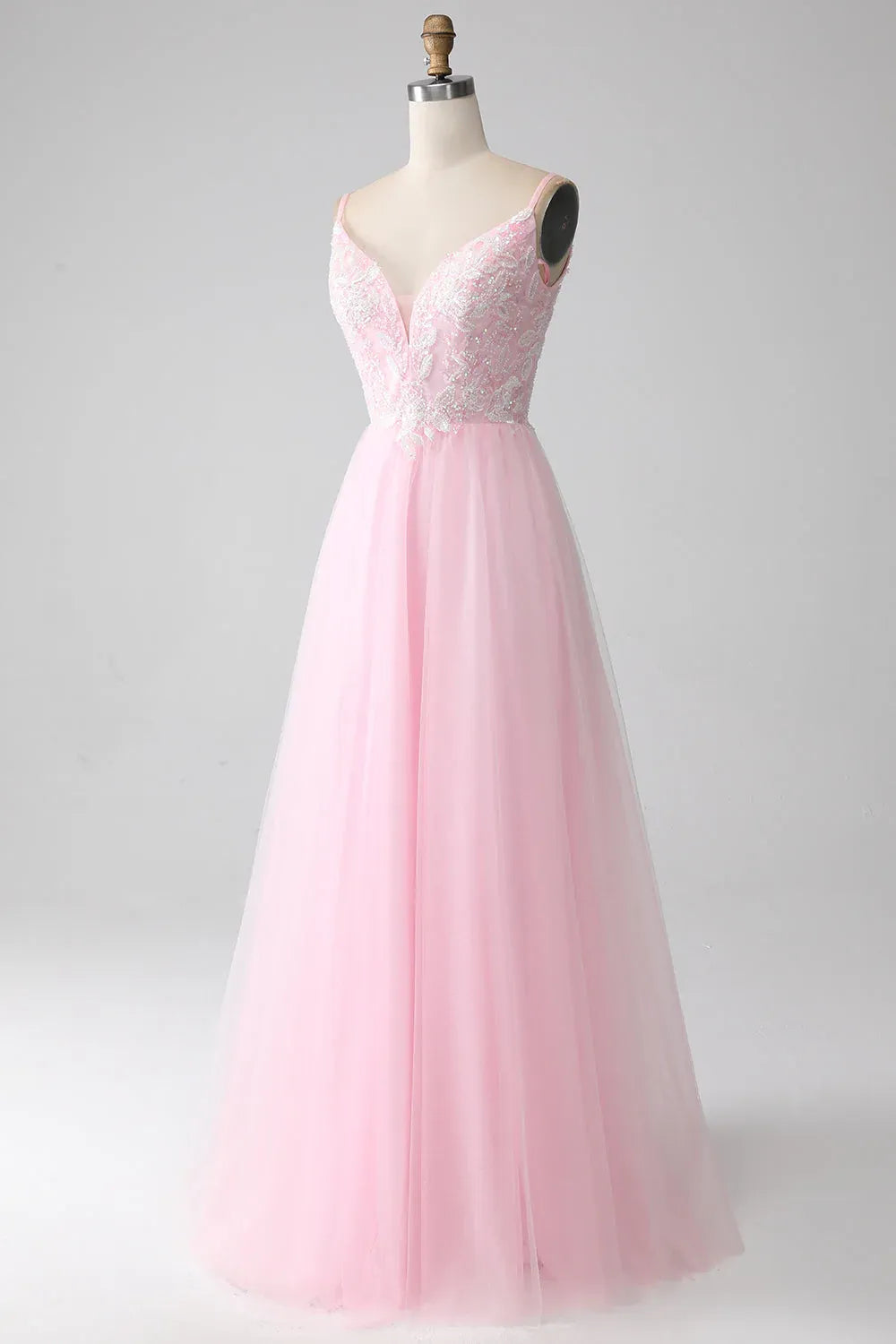 Lovely A-Line Spaghetti Strap Sequins Beaded Tulle Pink Maxi Prom Dress
