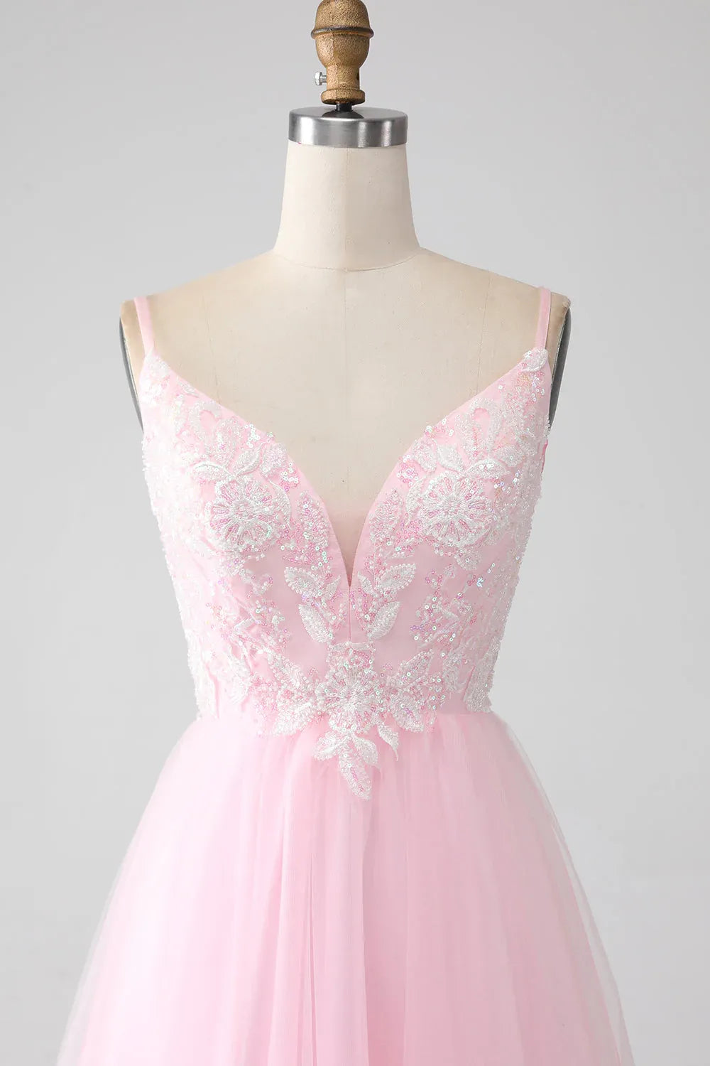Lovely A-Line Spaghetti Strap Sequins Beaded Tulle Pink Maxi Prom Dress