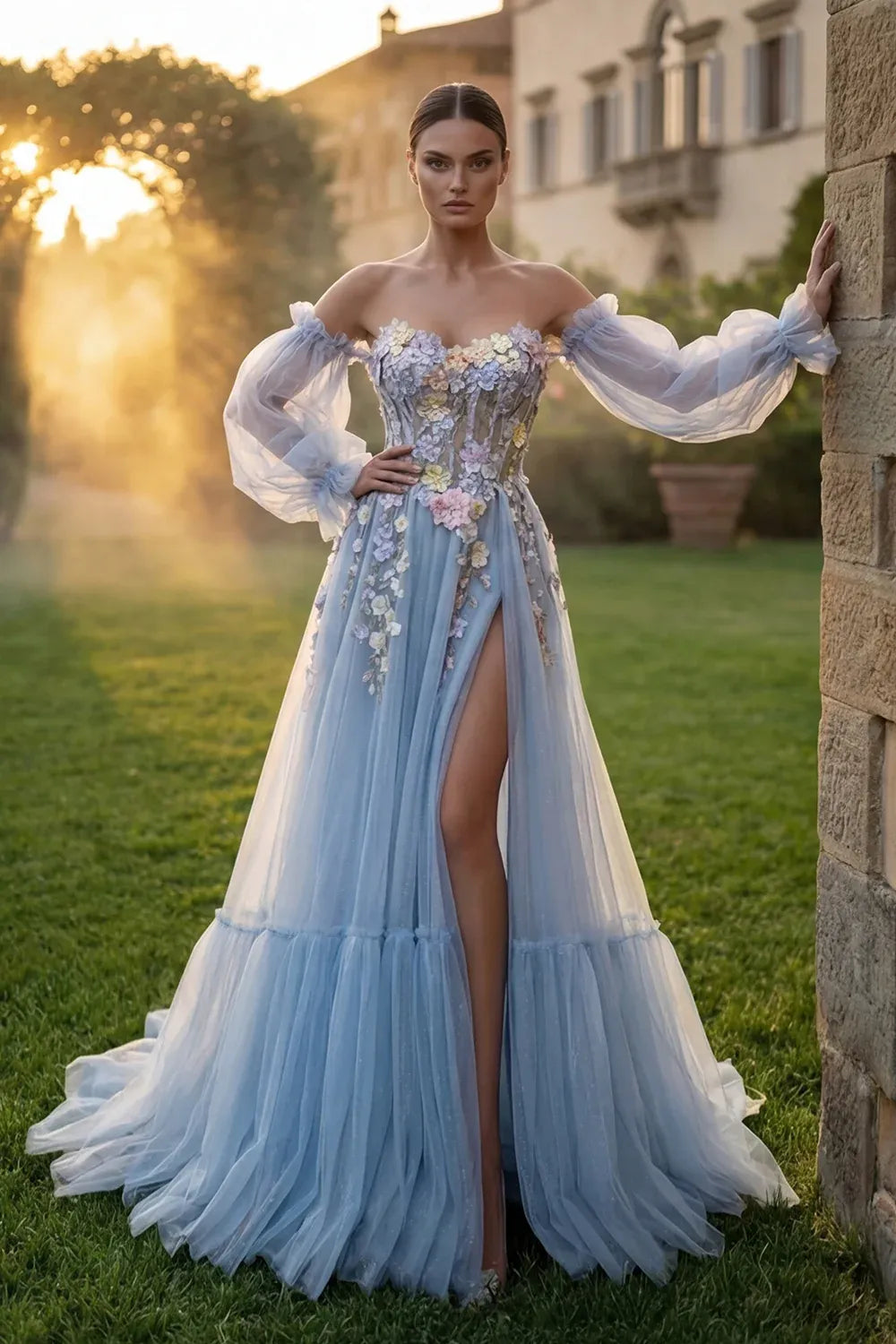 Lovely A-Line Strapless 3D Flower Tulle Blue Prom Dress With Removable Sleeves