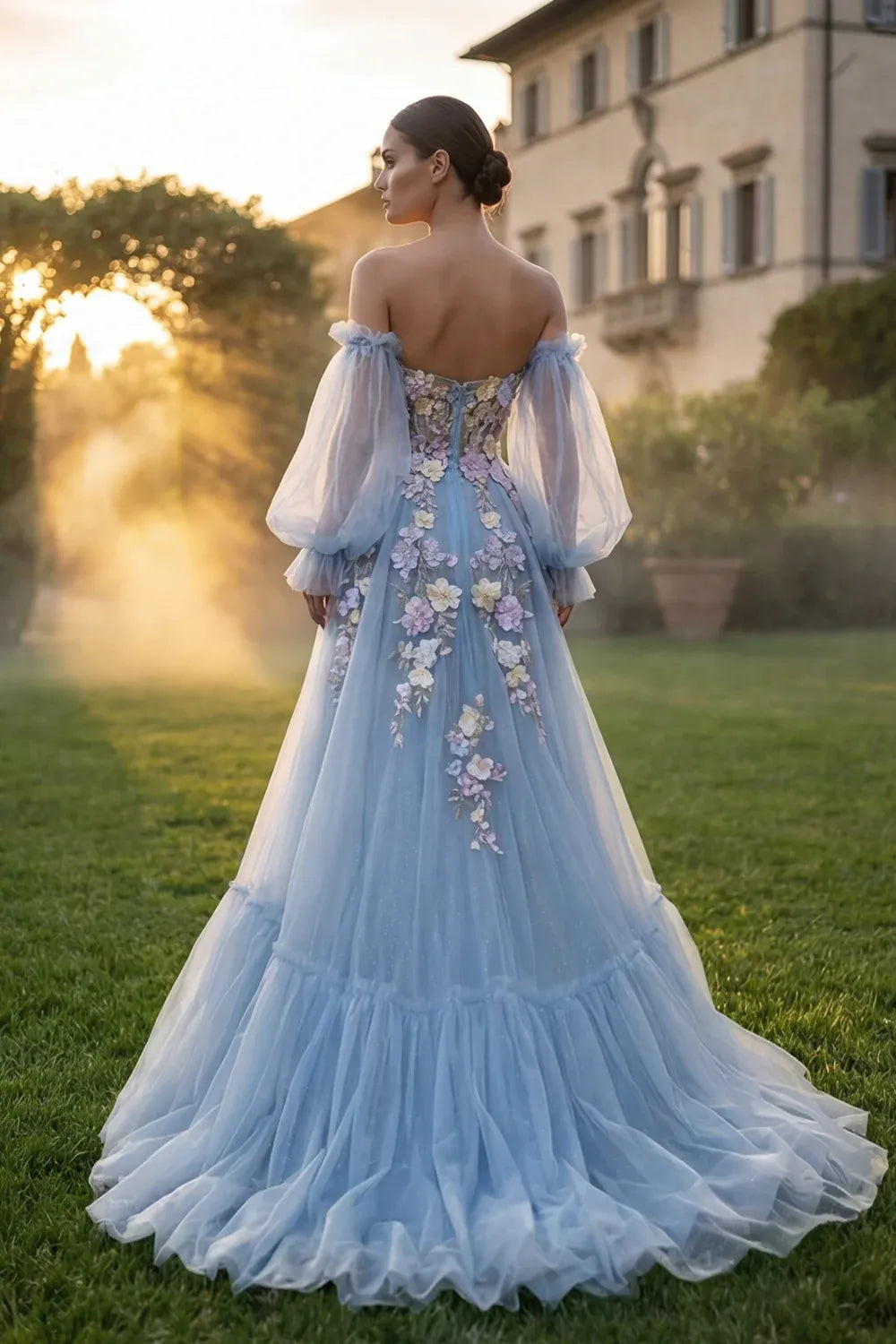 Lovely A-Line Strapless 3D Flower Tulle Blue Prom Dress With Removable Sleeves