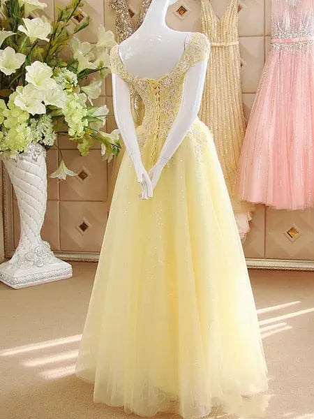 Lovely A-line Off-Shoulder Lace Beaded Applique Yellow Prom Dress For Ladies