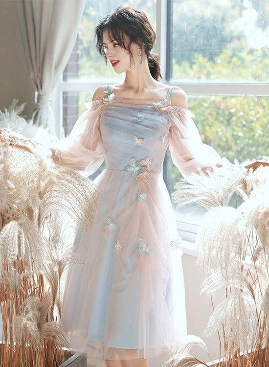 Lovely Light Blue And Pink Tea Length Graduation Dresses Pink Short Prom Dresses
