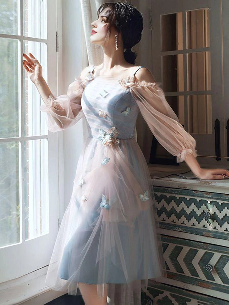 Lovely Light Blue And Pink Tea Length Graduation Dresses Pink Short Prom Dresses