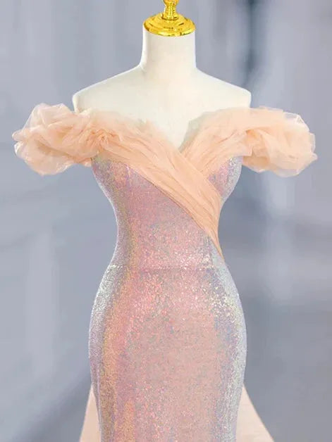 Lovely Mermaid Tulle Off Shoulder Sweetheart Party Dress Sequins Prom Dress
