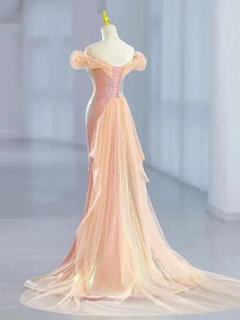 Lovely Mermaid Tulle Off Shoulder Sweetheart Party Dress Sequins Prom Dress