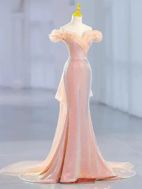 Lovely Mermaid Tulle Off Shoulder Sweetheart Party Dress Sequins Prom Dress