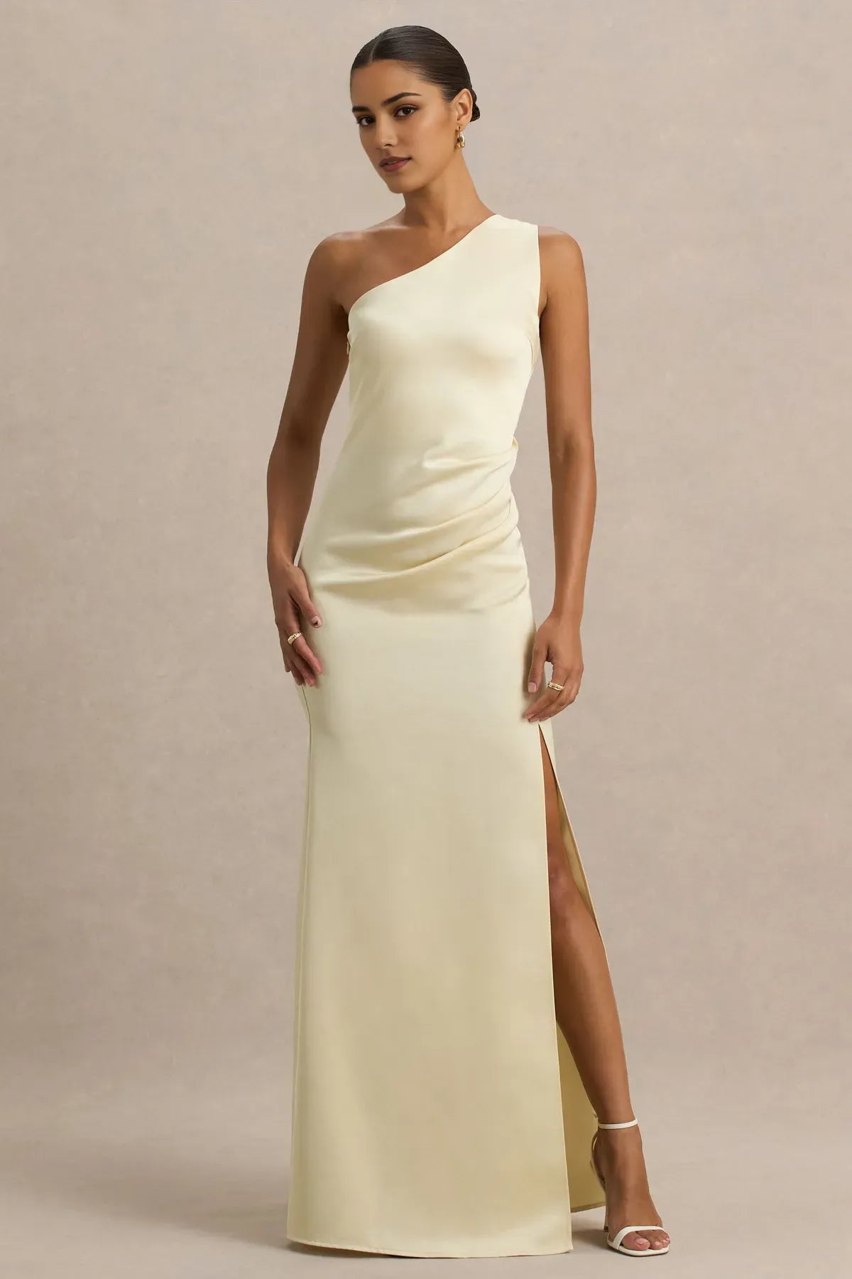 Luminary Ivory Satin One - Shoulder Prom Dress Ruched Detail High Slit for Gala