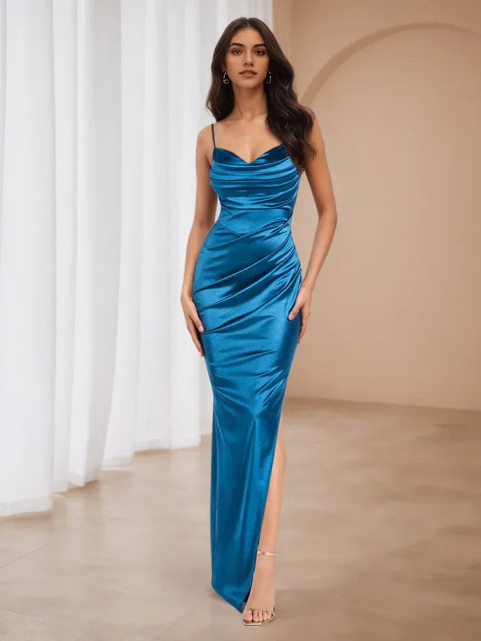 Luxe Blue Satin Spaghetti Strap Prom Gown - Draped Bodice  High Slit