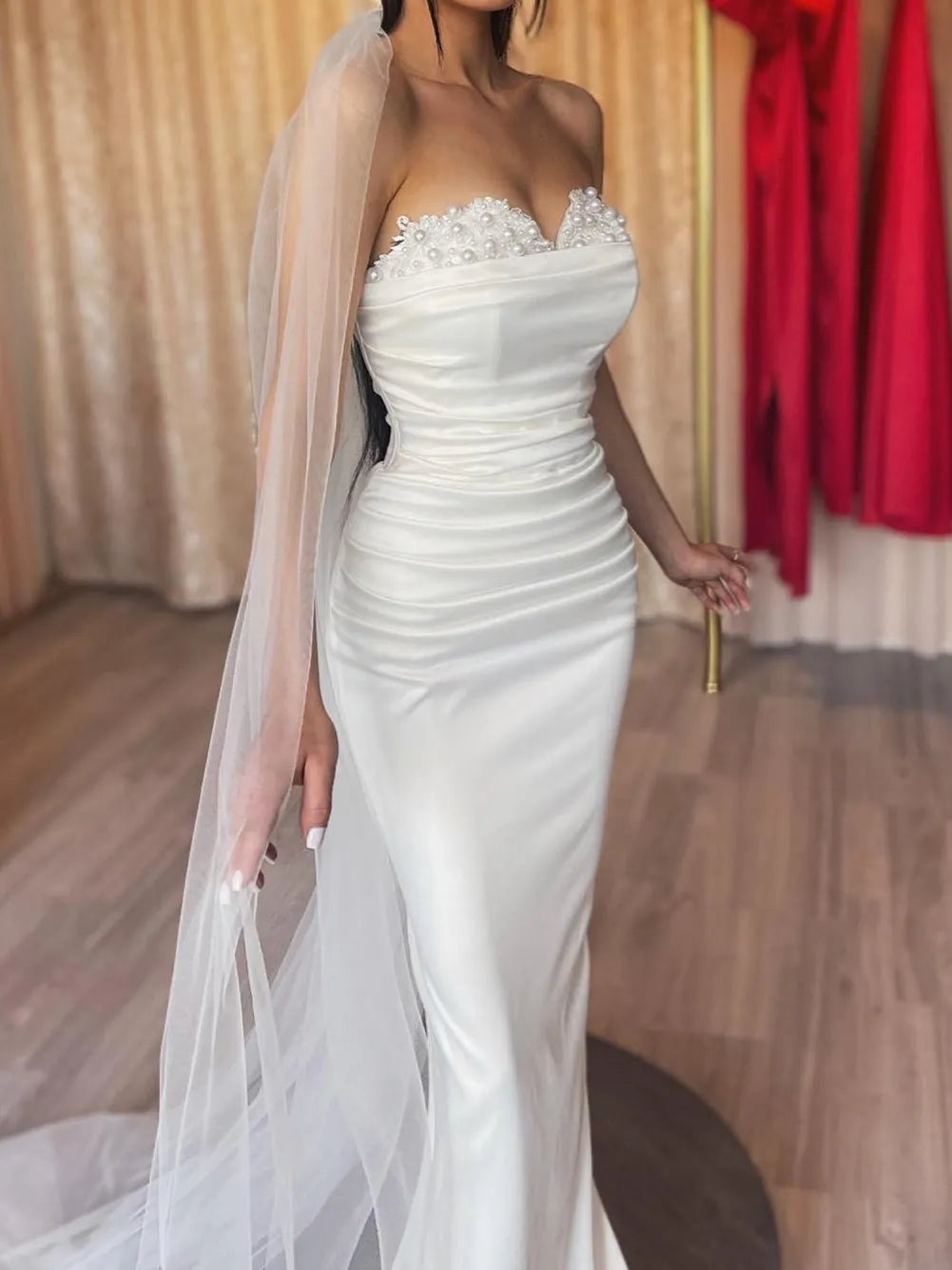 Luxe Off - Shoulder Wedding Dress Pearl Lace Bodice Convertible Train Satin Skirt