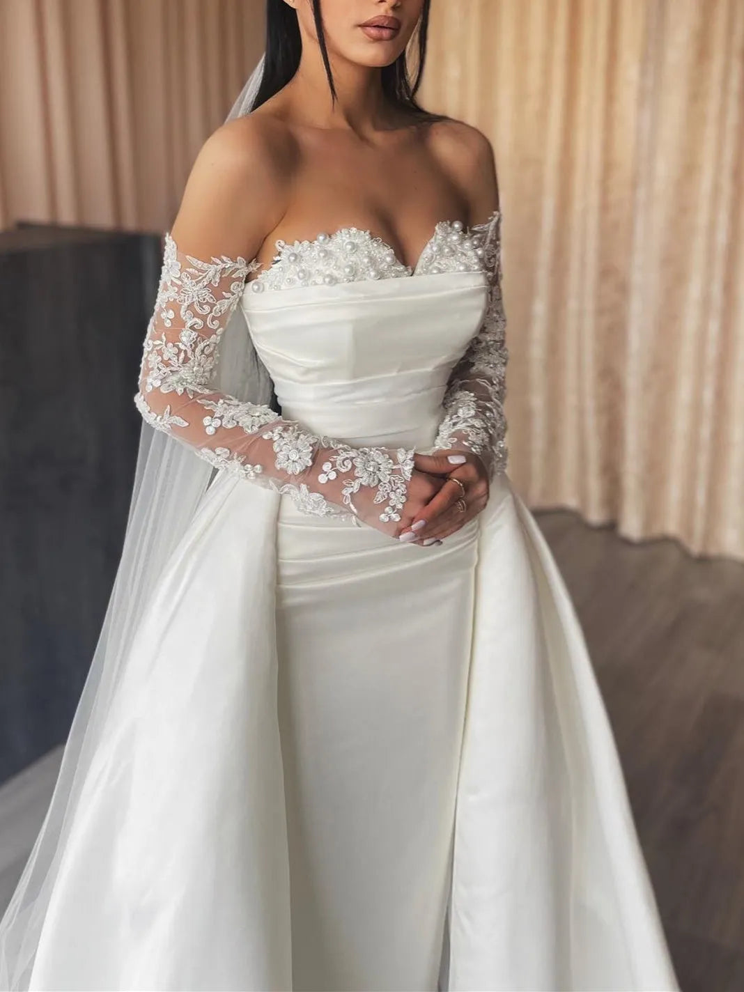 Luxe Off - Shoulder Wedding Dress Pearl Lace Bodice Convertible Train Satin Skirt