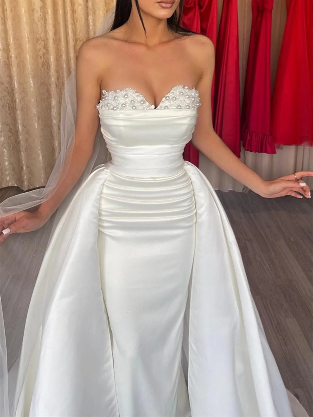 Luxe Off - Shoulder Wedding Dress Pearl Lace Bodice Convertible Train Satin Skirt