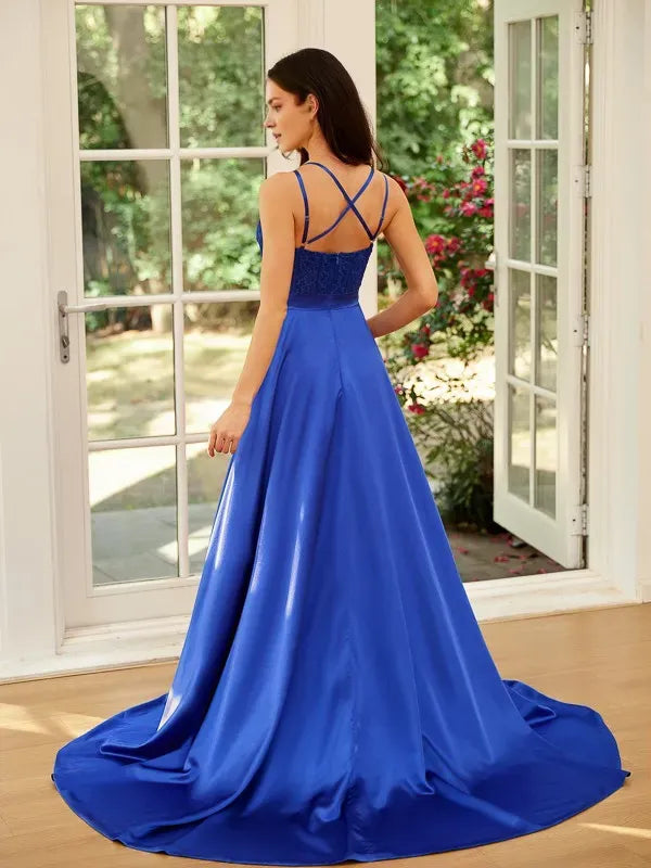 Luxe Royal Blue A-Line Sweetheart Spaghetti Straps Cross-Back Floor-Length Lace Satin Prom Dresses with Slit
