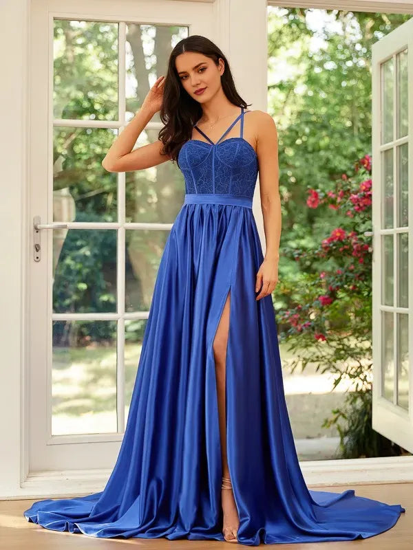 Luxe Royal Blue A-Line Sweetheart Spaghetti Straps Cross-Back Floor-Length Lace Satin Prom Dresses with Slit