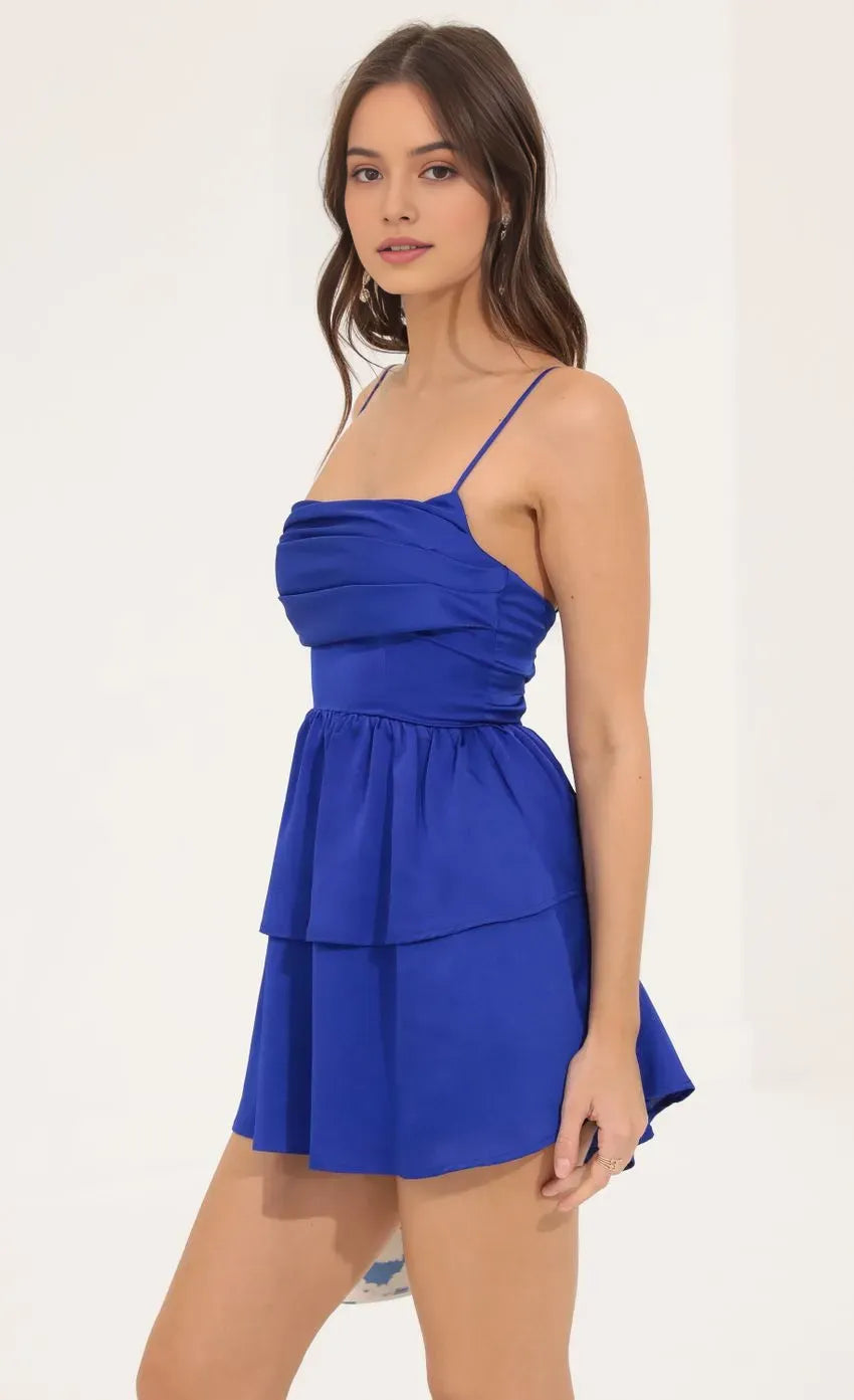 Luxe Royal Blue Satin Homecoming Dress Cowl Neck Tiered Skirt Satin Sheen Command Attention at Homecoming Celebrations