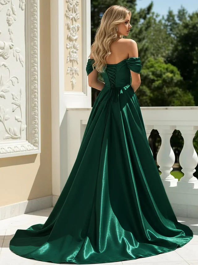 Luxurious A-Line Sweetheart Off-Shoulder Lace-Up-Back Sequin Pleated Satin Floor-Length Prom Dresses