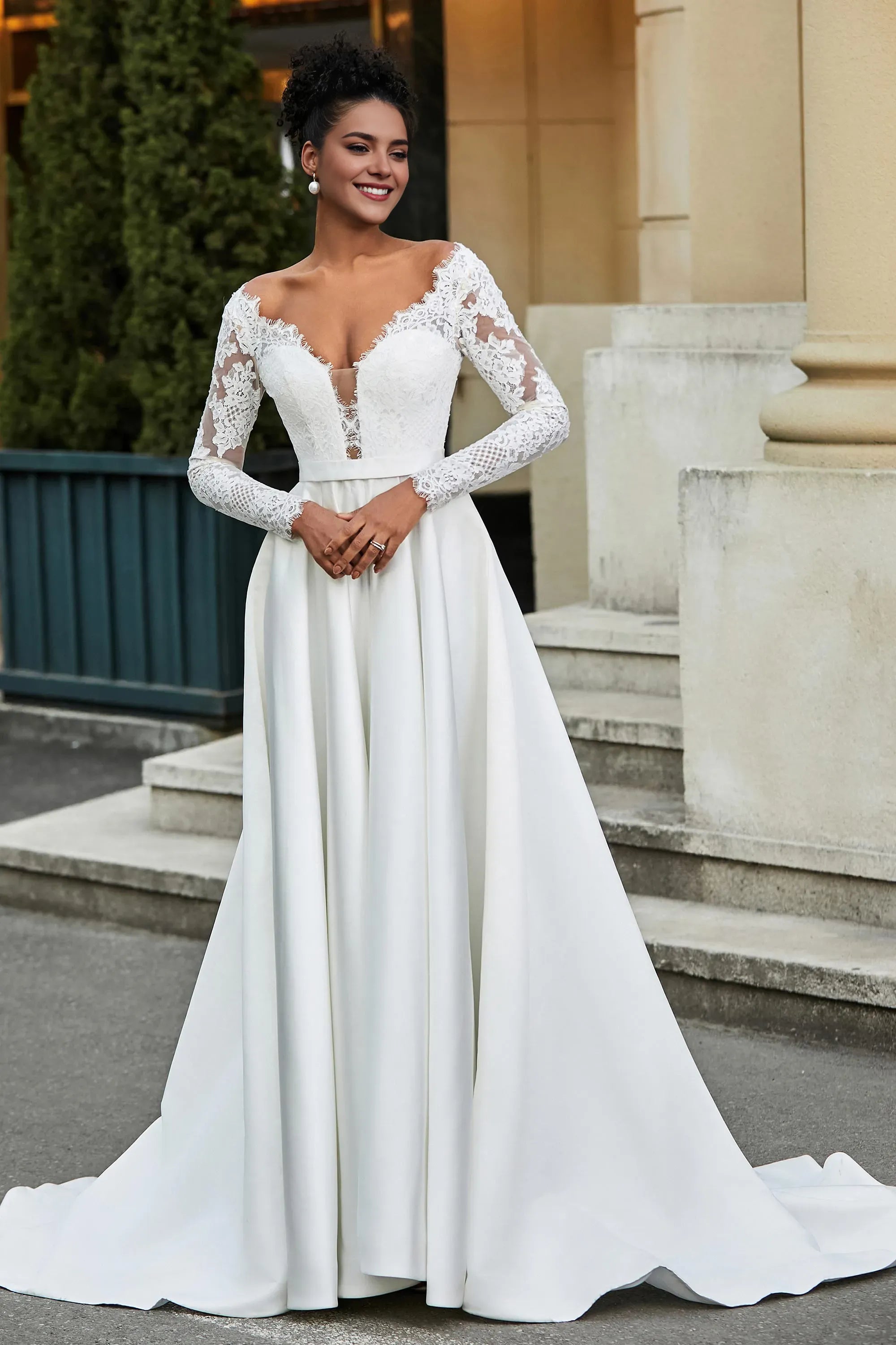 Luxurious A-Line V-Neck Lace-Long-Sleeve Button-Back Sweep Train Satin Wedding Dresses