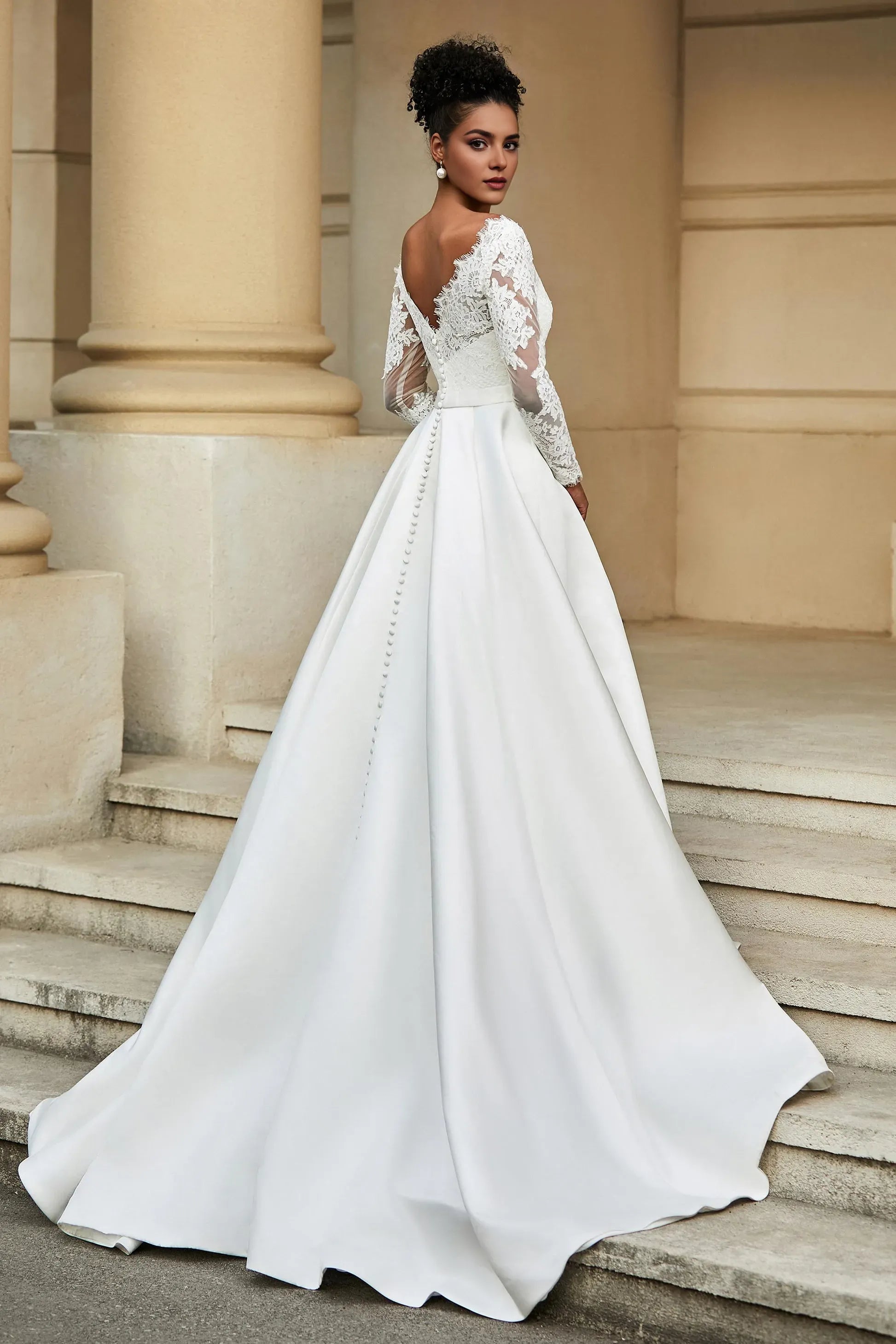 Luxurious A-Line V-Neck Lace-Long-Sleeve Button-Back Sweep Train Satin Wedding Dresses
