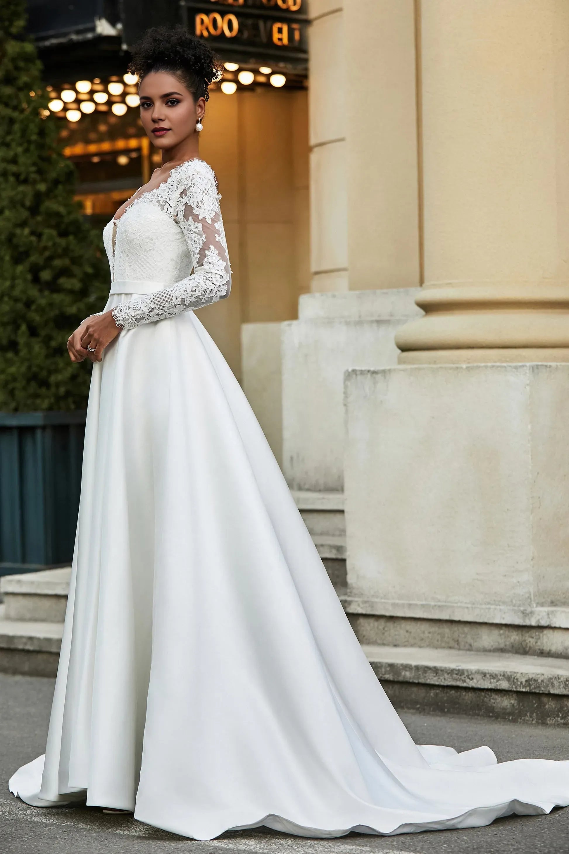 Luxurious A-Line V-Neck Lace-Long-Sleeve Button-Back Sweep Train Satin Wedding Dresses